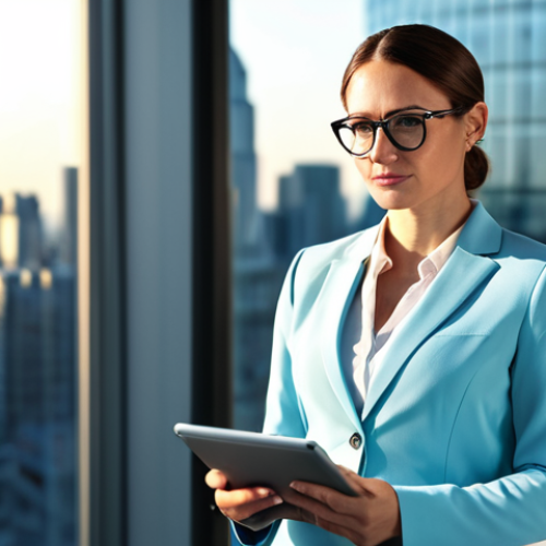 Home 4 **
"A confident, fully clothed, professional woman stands in a modern, sunlit office. She wears a modest business suit and glasses, holding a tablet with data displayed. Background features blurred city skyline. Perfect anatomy, correct proportions, natural pose, professional, safe for work, appropriate content."
**