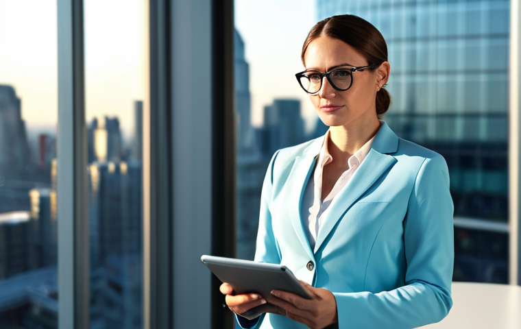 **

"A confident, fully clothed, professional woman stands in a modern, sunlit office. She wears a modest business suit and glasses, holding a tablet with data displayed. Background features blurred city skyline. Perfect anatomy, correct proportions, natural pose, professional, safe for work, appropriate content."

**